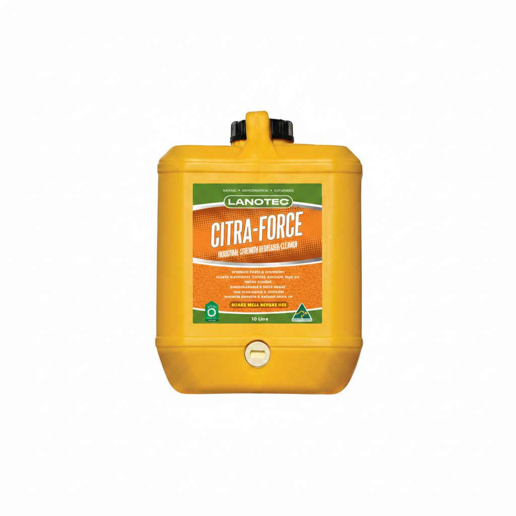 yellow 10 liter screwtop container, with citra-force orange label