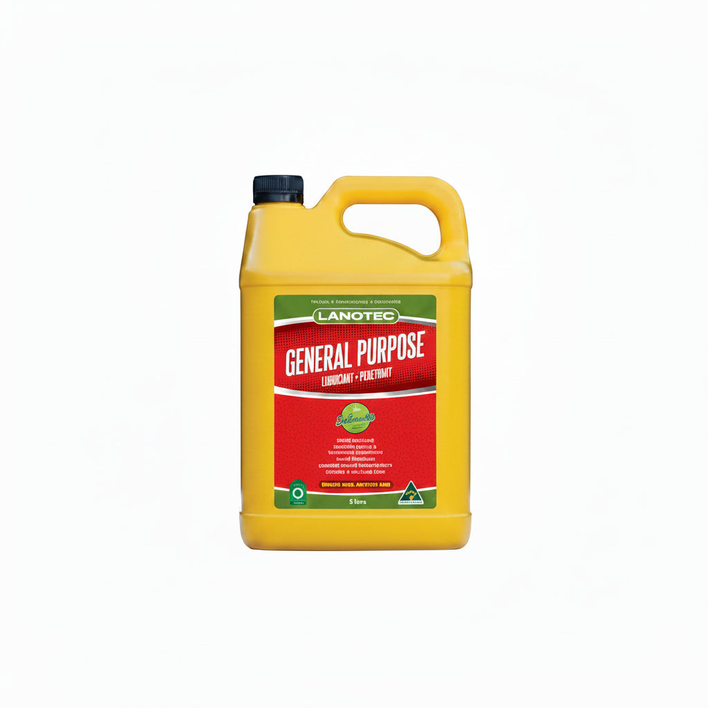Image of a yellow 5ltr container with general purpose red label and also containing general purpose lubricant