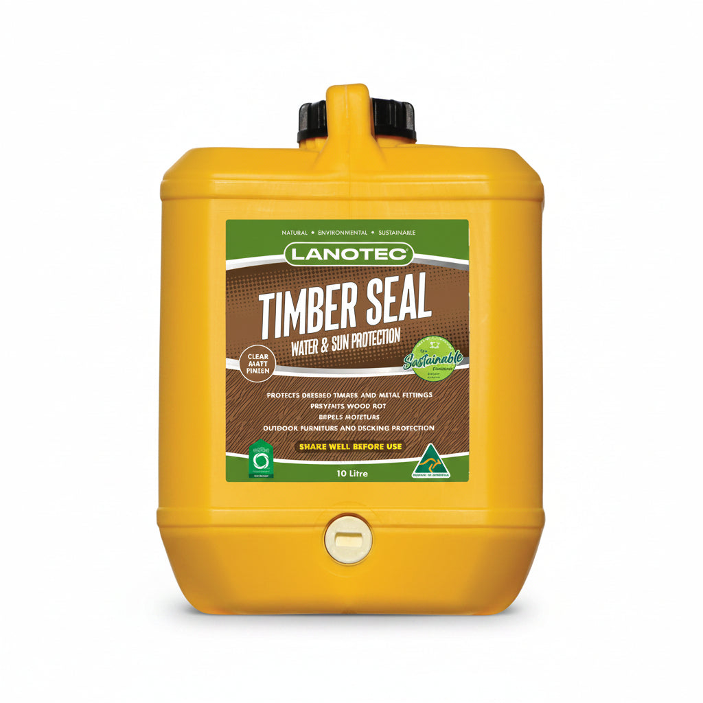 Yellow container of Lanotec Timber Seal on a white background
