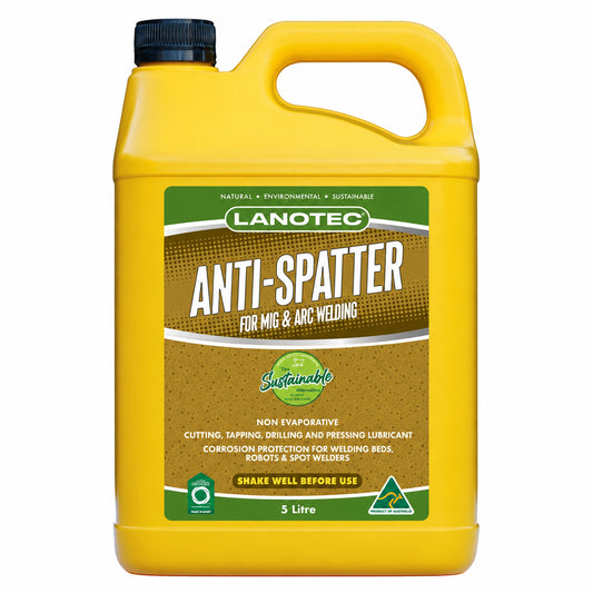 Image of 5ltr yellow container with Lanotec Anti-spatter in it