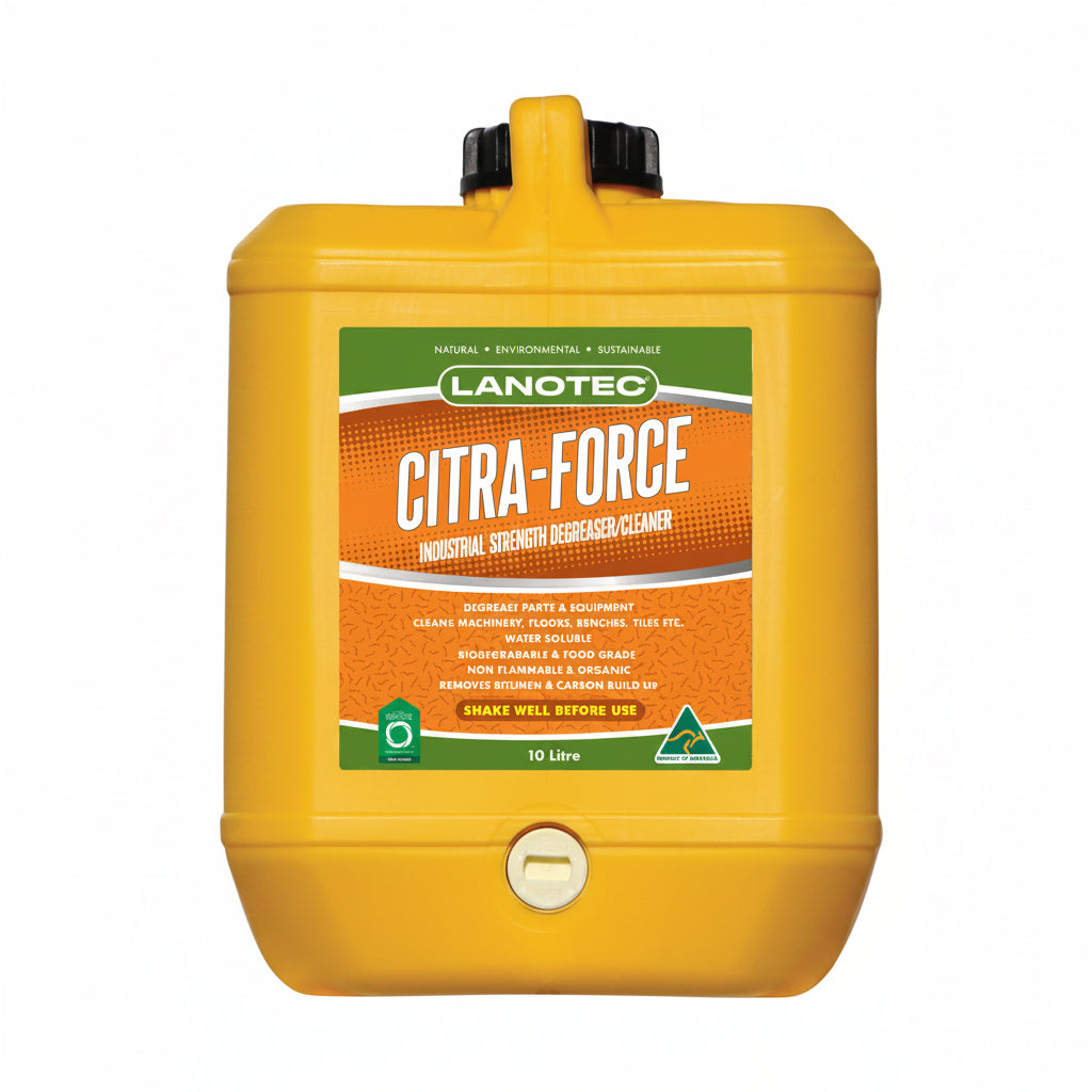 Yellow container of Lanotec Citra-Force cleaner on a white background