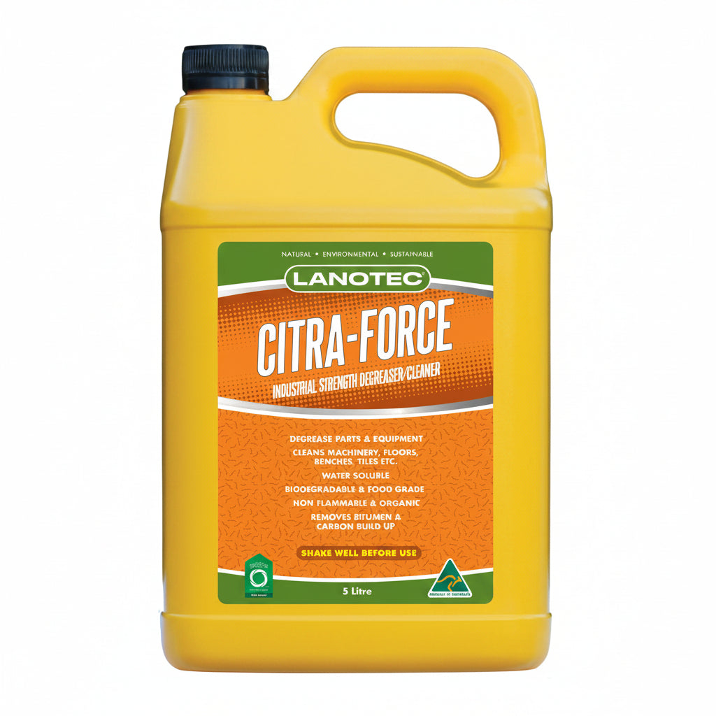 Yellow bottle of Lanotec Citra-Force degreaser cleaner on a white background