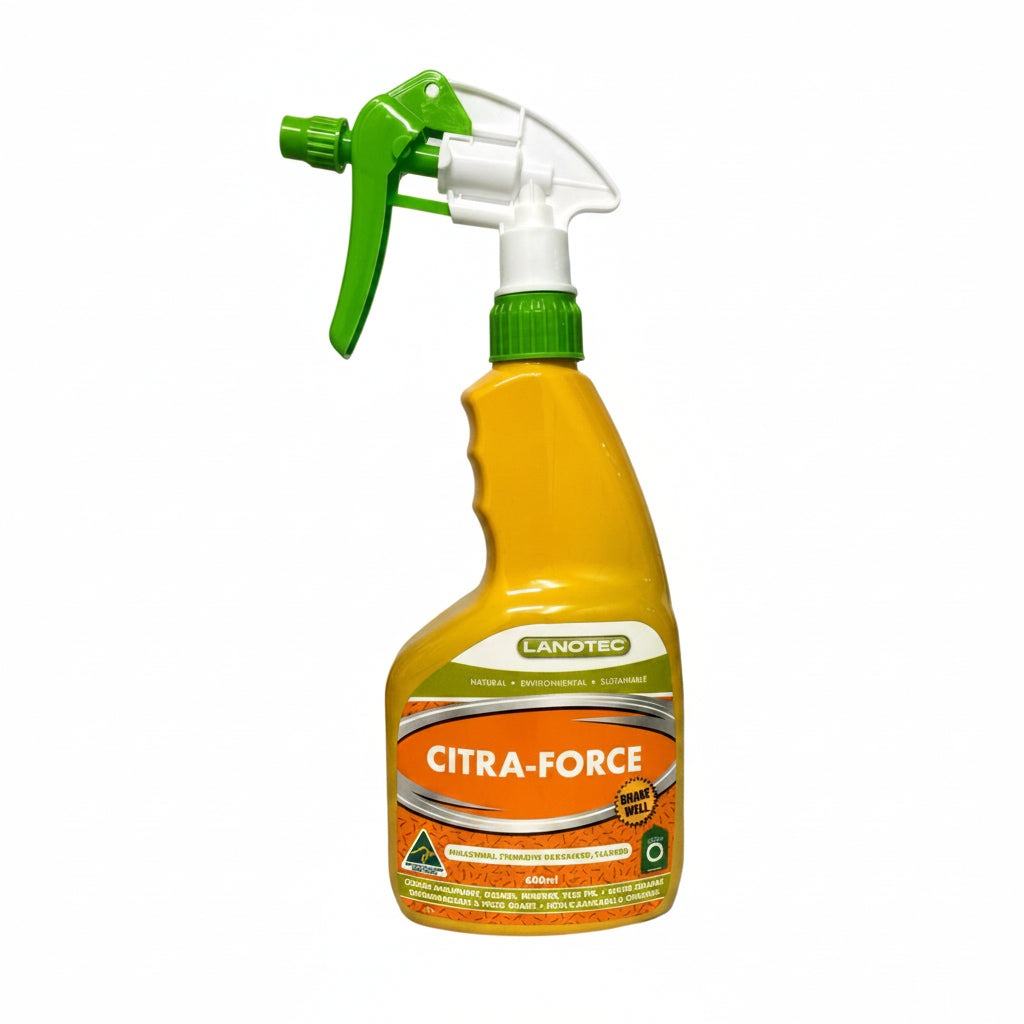 Yellow spray bottle with green nozzle labeled 'Citra-Force' on a white background