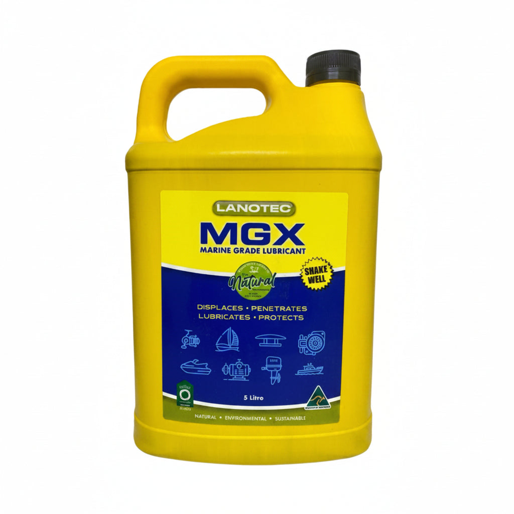 Yellow container of Lanotec MGX Marine Grade Lubricant on a white background