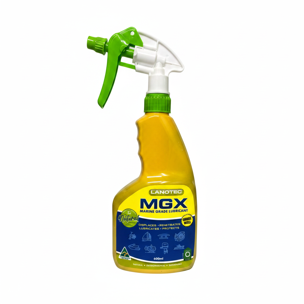 Canotec MGX marine grade lubricant spray bottle on a white background