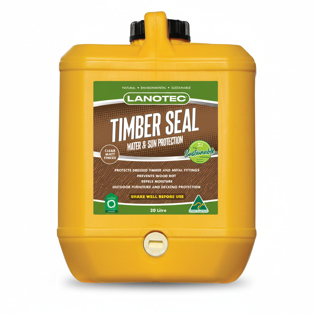 Yellow container of Lanotec Timber Seal on a white background