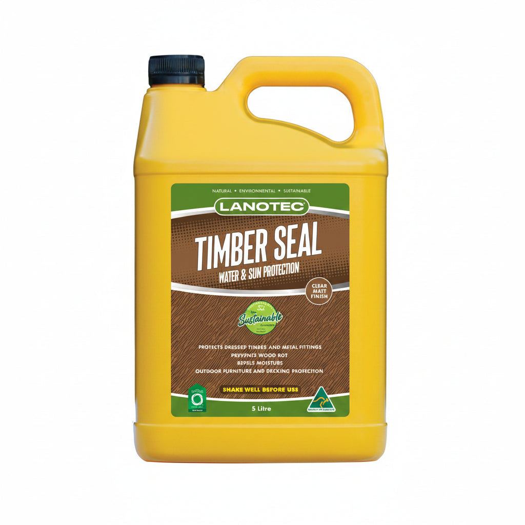 Yellow container of Lanotec Timber Seal with a brown label on a white background